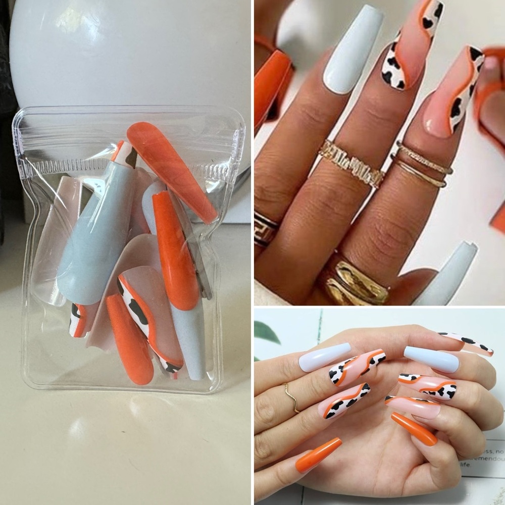 3/$15 Coffin Fake Nails Orange, Gray, and Cow Print Long Coffin